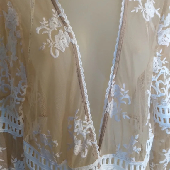 Forever 21 Maxi Sheer Cardigan Topper Kimono Embroidered Beige White Macrame L - Picture 10 of 13